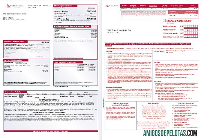 Extrato de hipoteca do USA Mountain America Credit Union Bank em formatos Word e PDF, 3 páginas 1 2 baixar para verificação